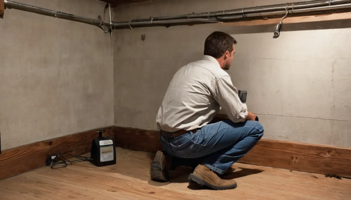 A local termite provider inspecting a basement sill plate with a flashlight in a Pleasant Prairie home